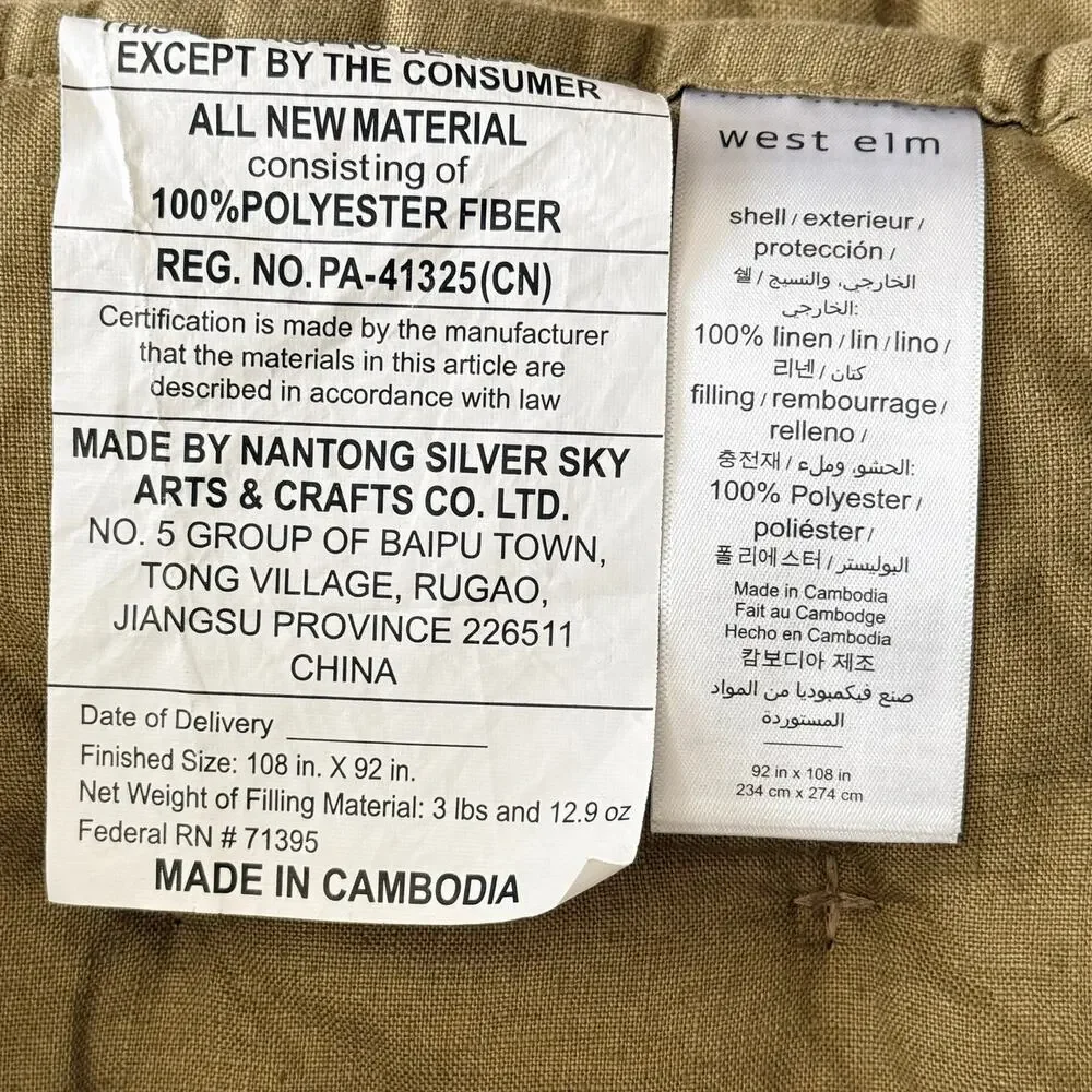 West Elm European Linen Lofty Tack Stitch Quilt King Size 92x108 Olive Green
